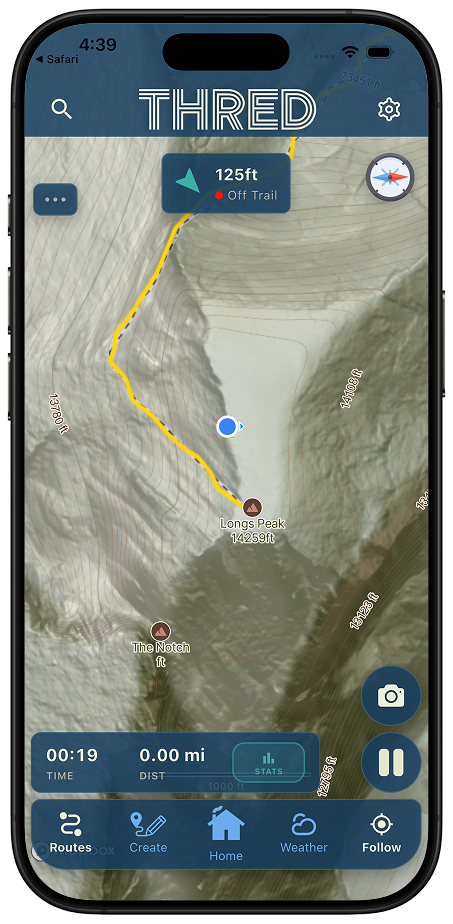 The badge shows how far off the line you have drifted Thred map on Longs Peak with a yellow route line, the blue position marker away from it, and a badge reading the distance off trail