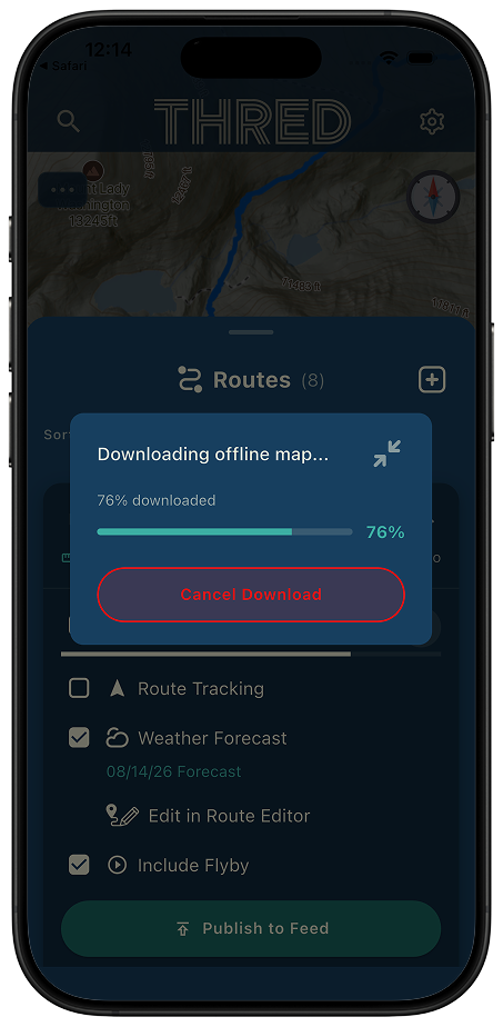 Offline map download in progress at 76 percent with a cancel control, shown over the saved routes list