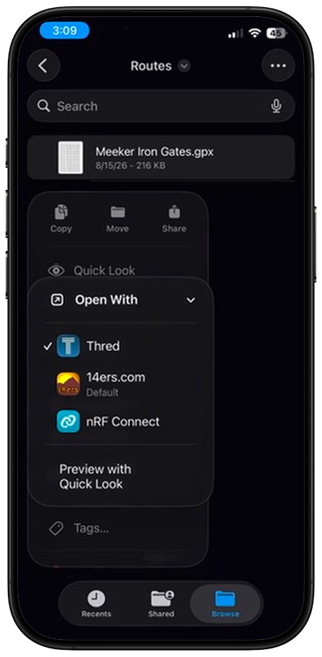 iOS Files share sheet with Open With showing Thred selected for a GPX route file