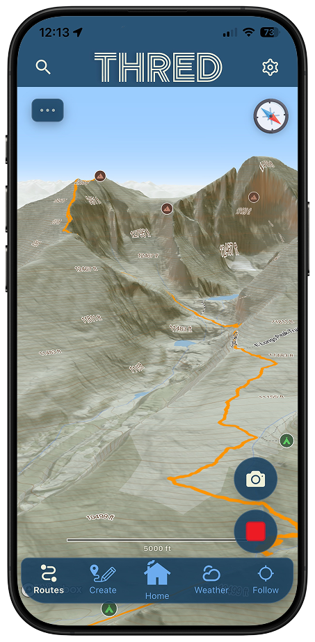 Perspective map view rendering a recorded route in 3D context across mountain terrain with summit markers