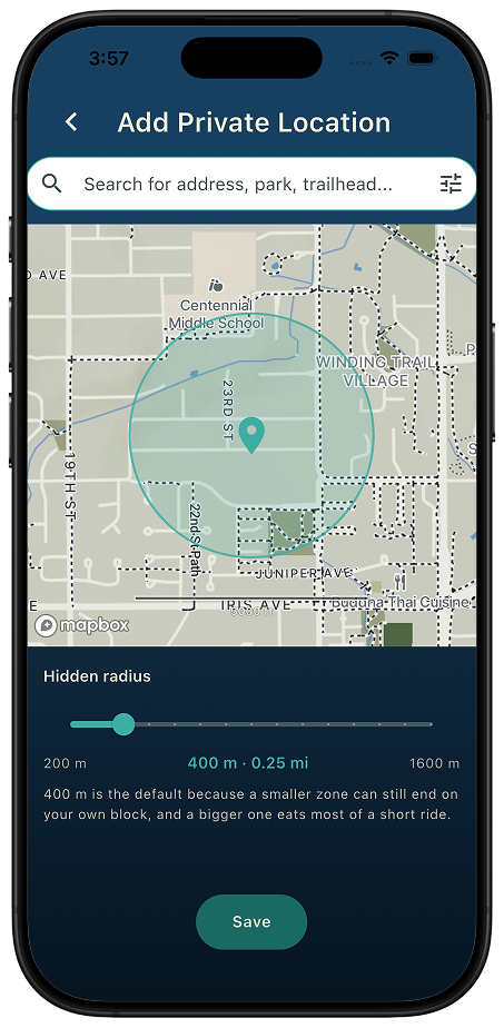 You set the hidden radius yourself, in both meters and miles Thred Add Private Location screen showing a map with a translucent hidden-radius circle over a neighborhood, and a slider set to 400 m or 0.25 mi between limits of 200 m and 1600 m