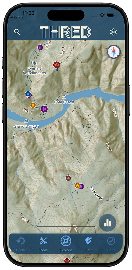 Route builder in Place mode with the trailhead start point on the Thred map
