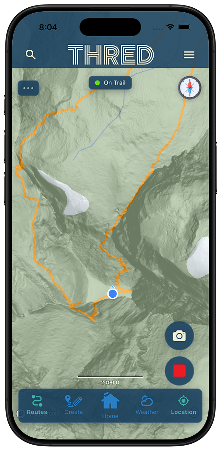 Thred map screen with On Trail indicator and live location dot