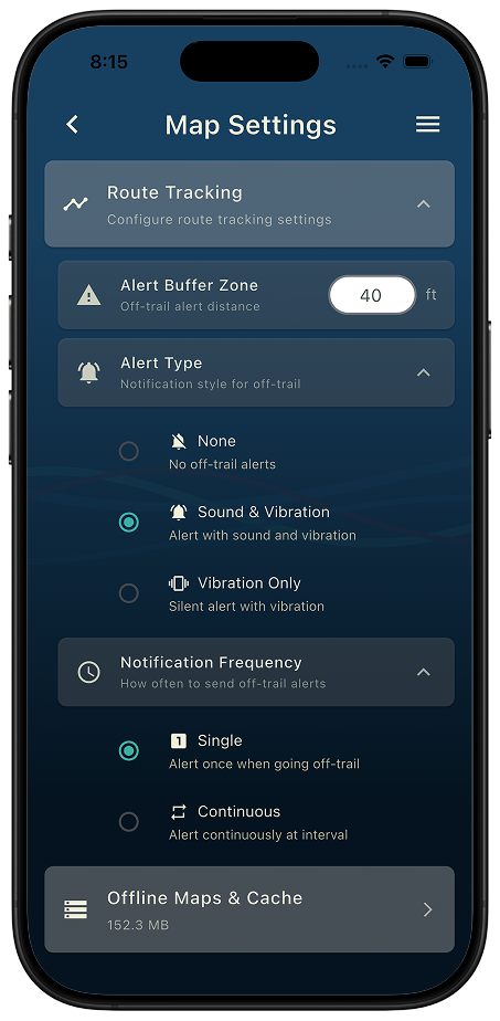 Thred route tracking settings showing alert buffer zone, alert type and frequency controls