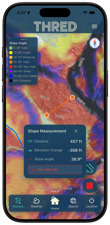 Thred slope angle avalanche overlay map for backcountry terrain