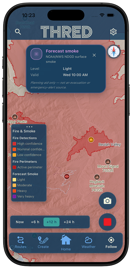 Smoke forecast layer on the map with a time control showing light smoke at a forecast hour