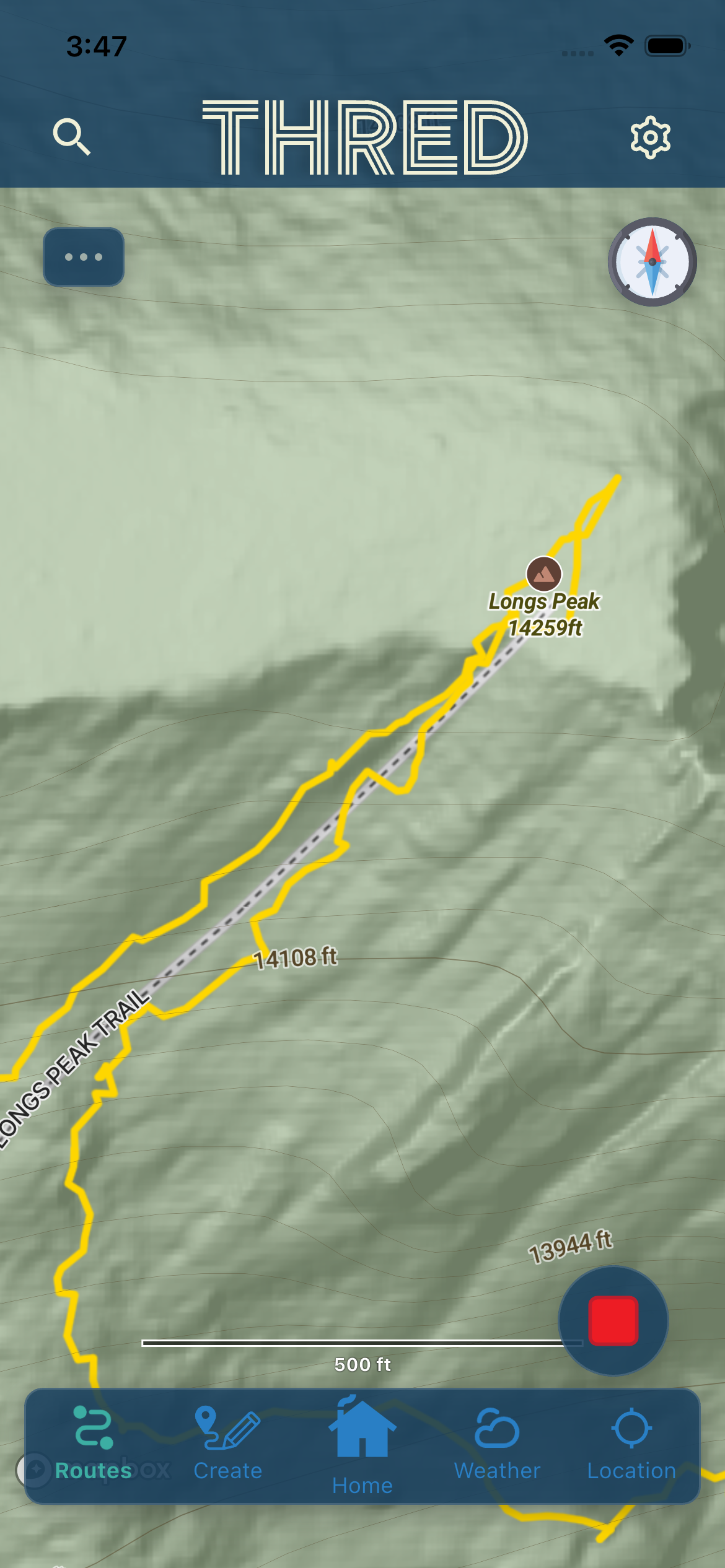Thred SupaRes 2D map showing restored labels, contour lines, and place names