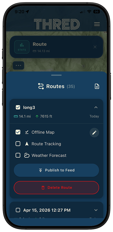 All your imported and saved routes in one place Thred route library screen displaying 35 saved routes with management options
