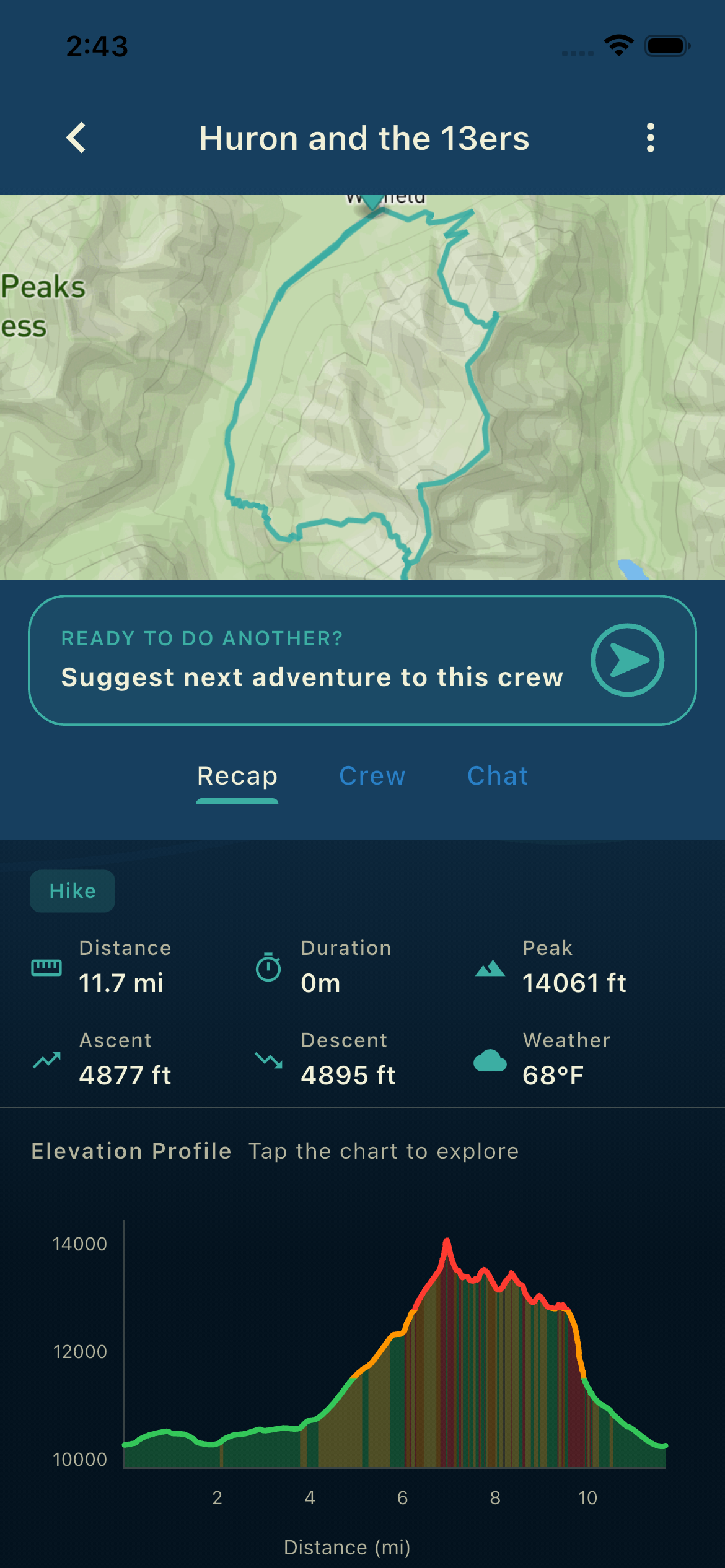 Thred adventure recap showing the weather tile alongside route stats, matched to the real time you were out