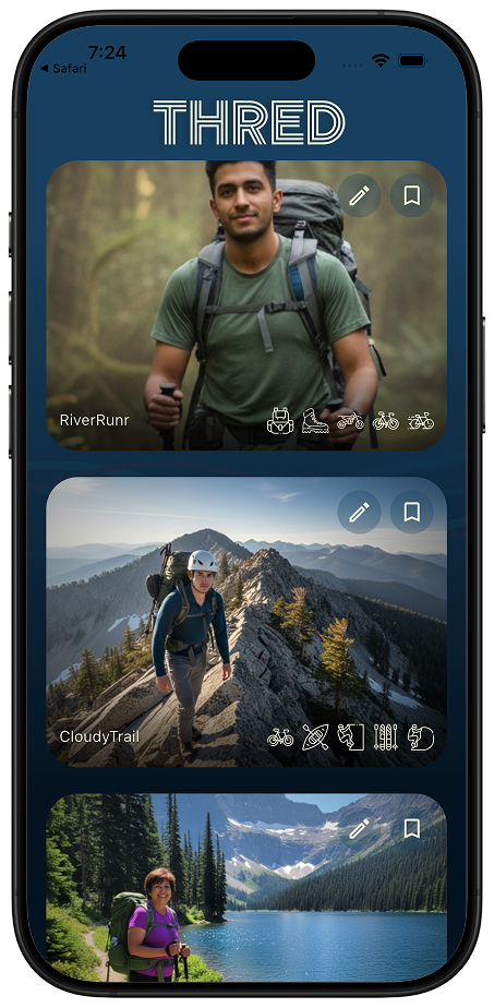 Thred Connect screen showing adventurer discovery feed for neurodiverse athletes