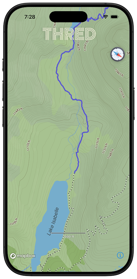 Thred Zen Mode showing a clean topographic map with no distracting UI elements