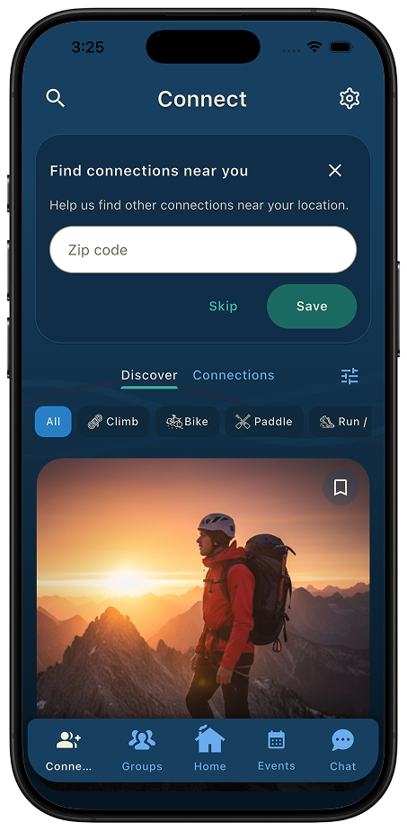Thred asks in context, and Skip is always right there Thred Connect screen with a Find connections near you card asking for a ZIP code, offering Skip and Save